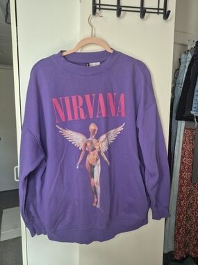 H&M Purple Crewneck Sweater with Pink Nirvana Logo and Angel